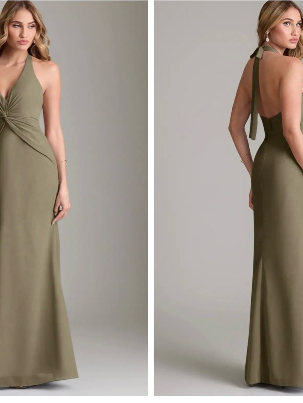 Azazie Olive Halter Ruched Twist Maxi Dress